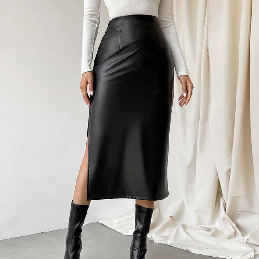 Commuter French Sheath PU Leather Skirt And Black Slit Straight Skirt