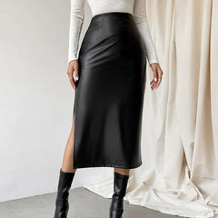 Commuter French Sheath PU Leather Skirt And Black Slit Straight Skirt