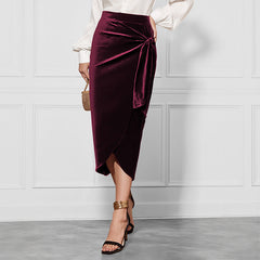 Solid Color Twisted Skirt Temperament Commute And Split Velvet Dress