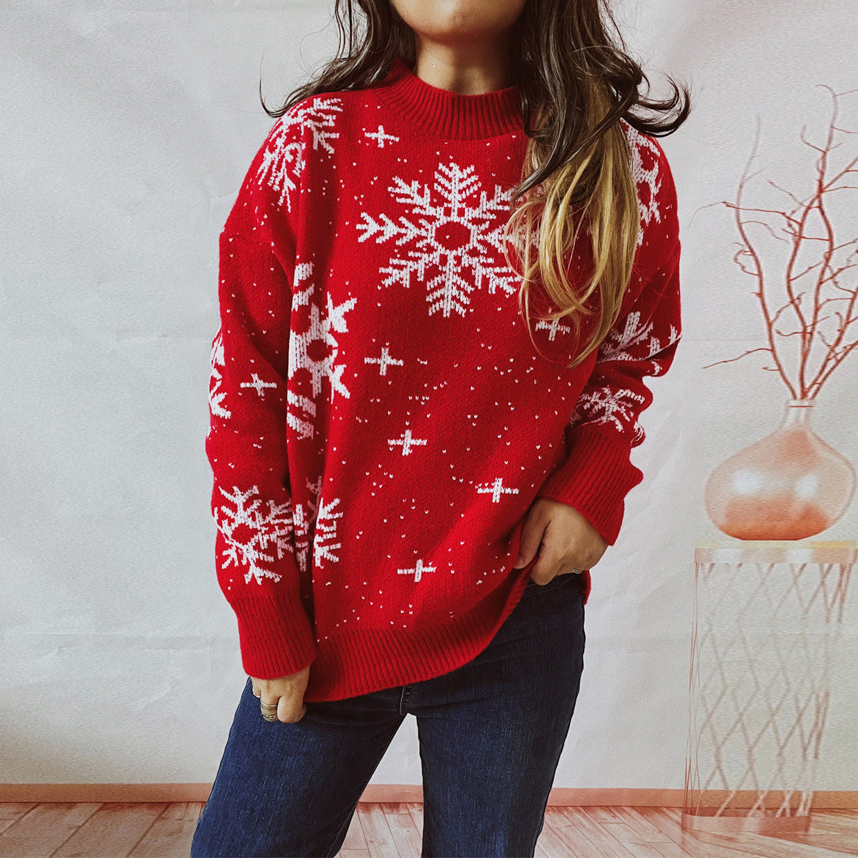 Christmas Snowflake Round Neck Long Sleeve Knitted Sweater