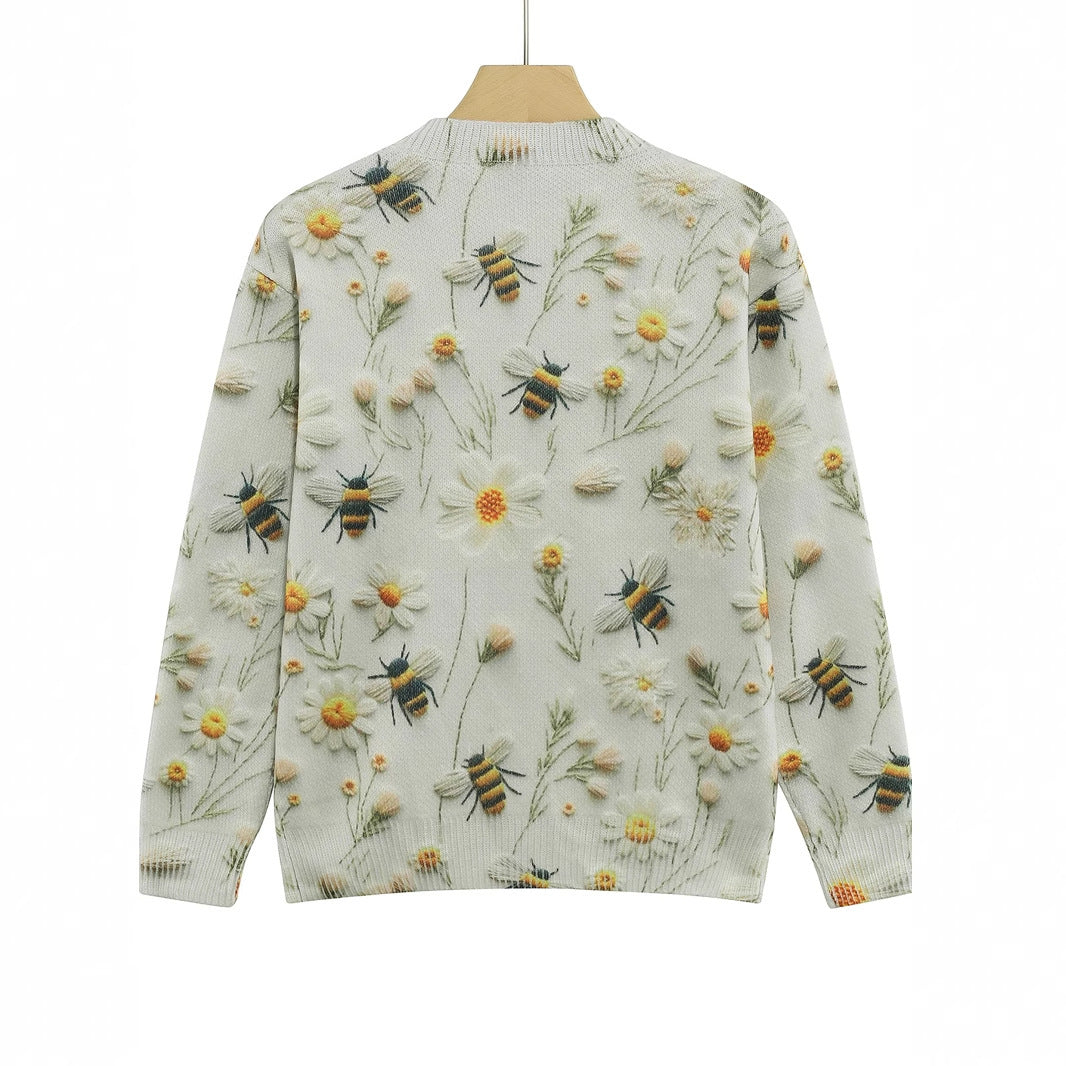 Knitted Sweater Sweater Round Neck Printed Bee Flower Top