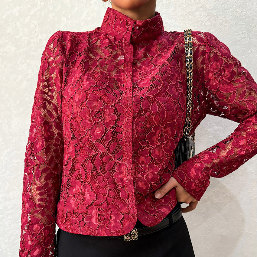 Lace Blouse For Cardigan-style Top With A Stand-up Collar