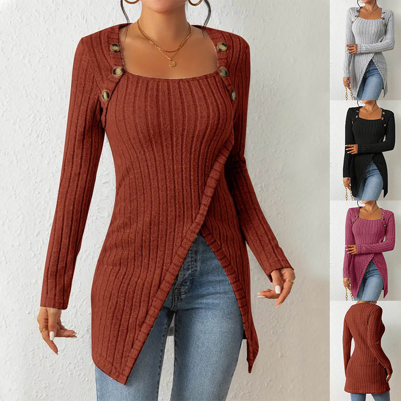 Square Collar Irregular Knitted Top With Button Design Solid Long-sleeved Long Top For Clothing