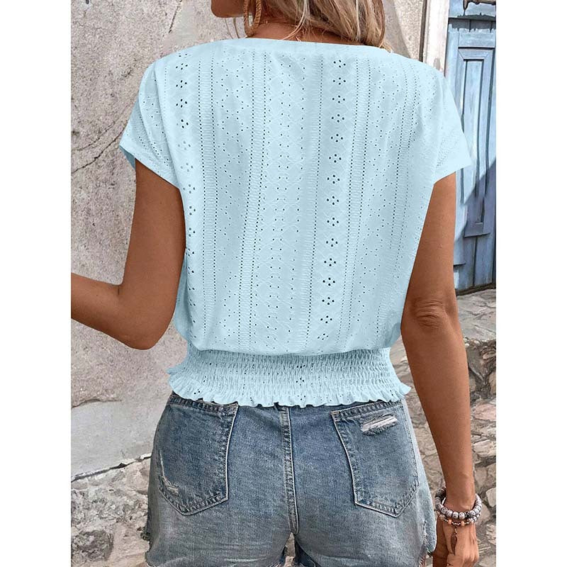 Eyelet Top Casual V Neck Short Sleeve Smocked Shirts Loose Tunic Tops Blouses
