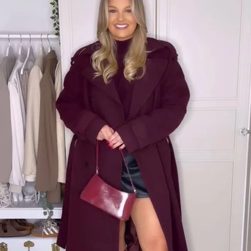 Wine Red Loose Lapel Long Sleeves Single Button Overcoat Coat