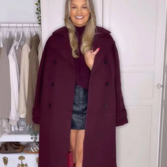 Wine Red Loose Lapel Long Sleeves Single Button Overcoat Coat