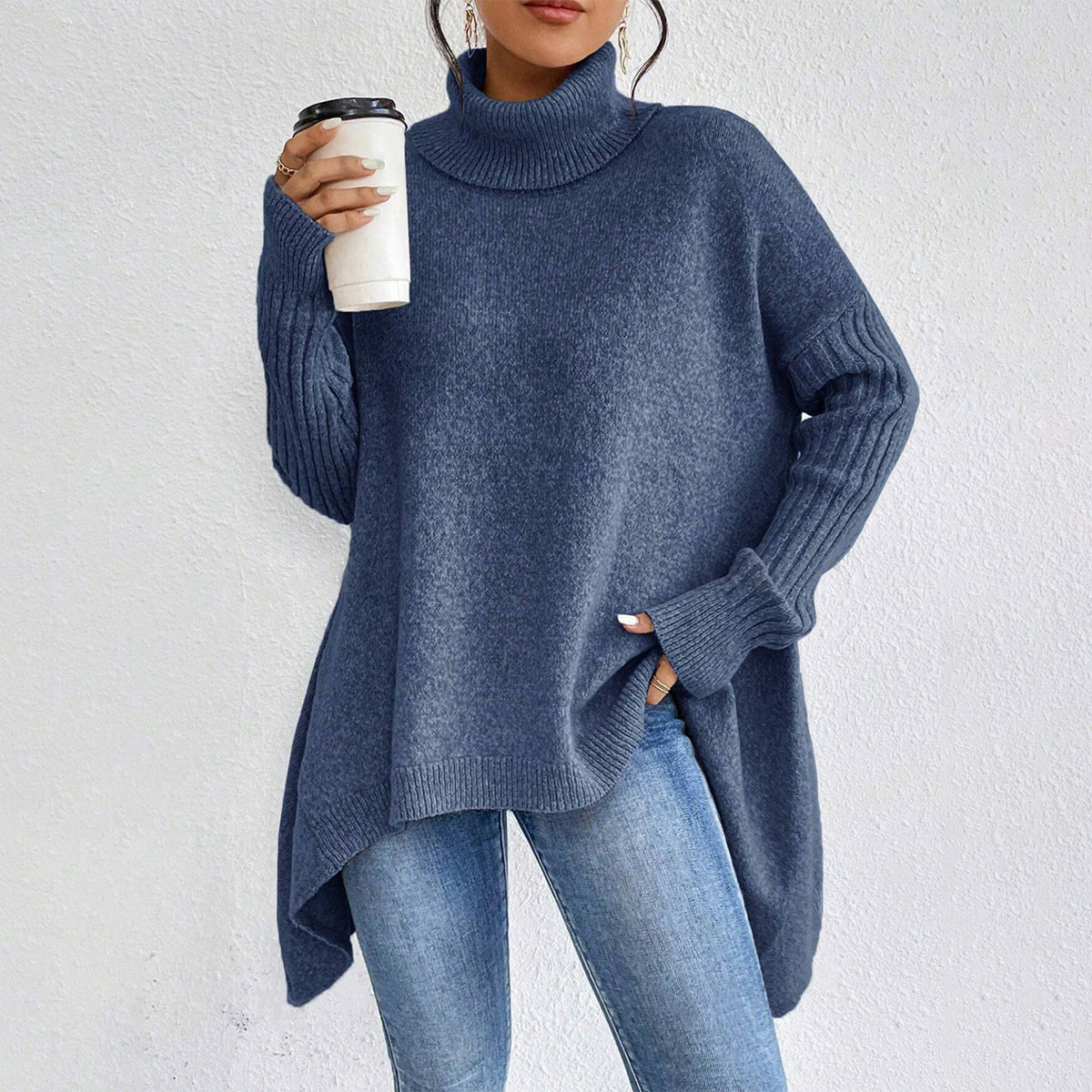 Irregular Turtleneck Sweater Loose Long Sleeve Knitted Tops Leisure Warm Pullover Sweater Clothing