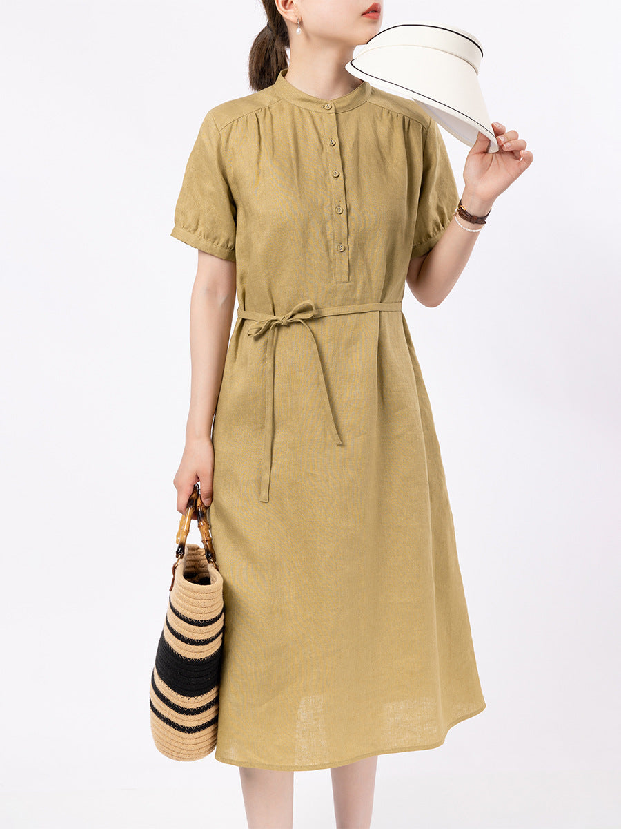 Short Sleeve Linen Dress Loose Casual Lace Up Midi Skirt