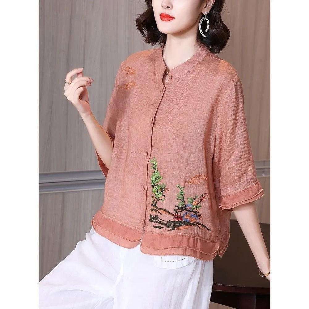 Vintage Cotton Linen Embroidered T-shirt