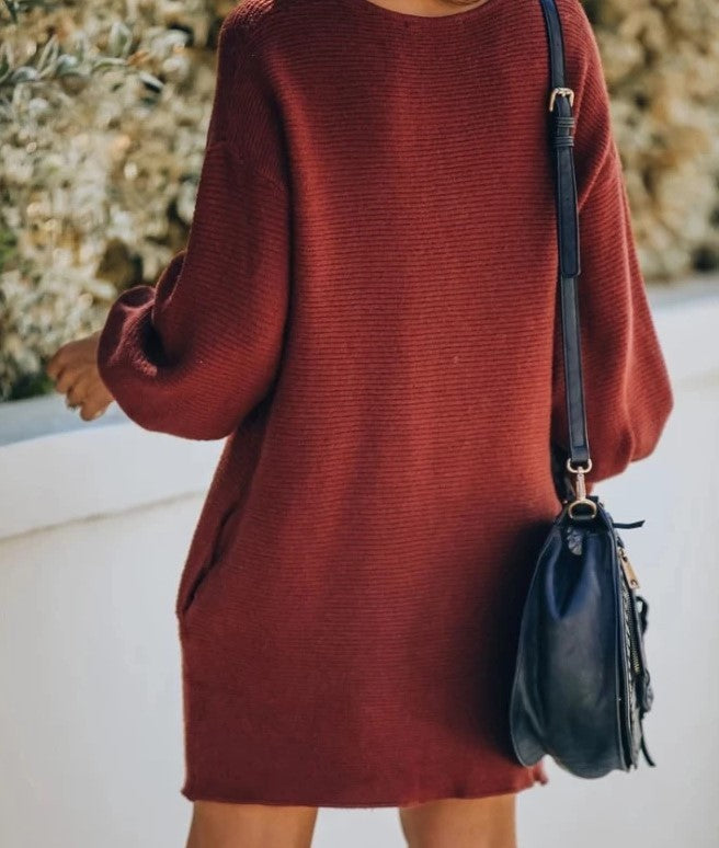 And Style Solid Color Pocket Sweater Dress