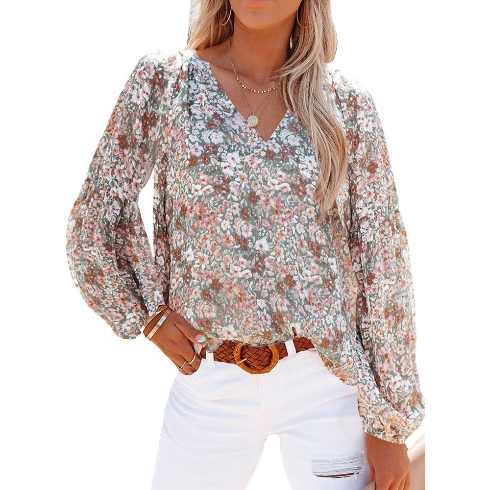 Lantern Sleeve Shirt Floral Print Chiffon Shirt