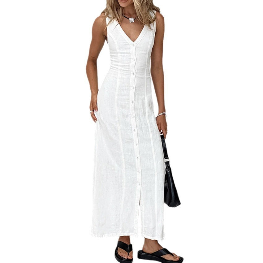 Commuter White Waisted Temperament Straight Split V-neck Cotton And Linen Dress
