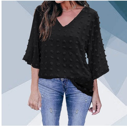 V-neck Three-quarter Sleeves Dotted Chiffon Shirt Blouse Women