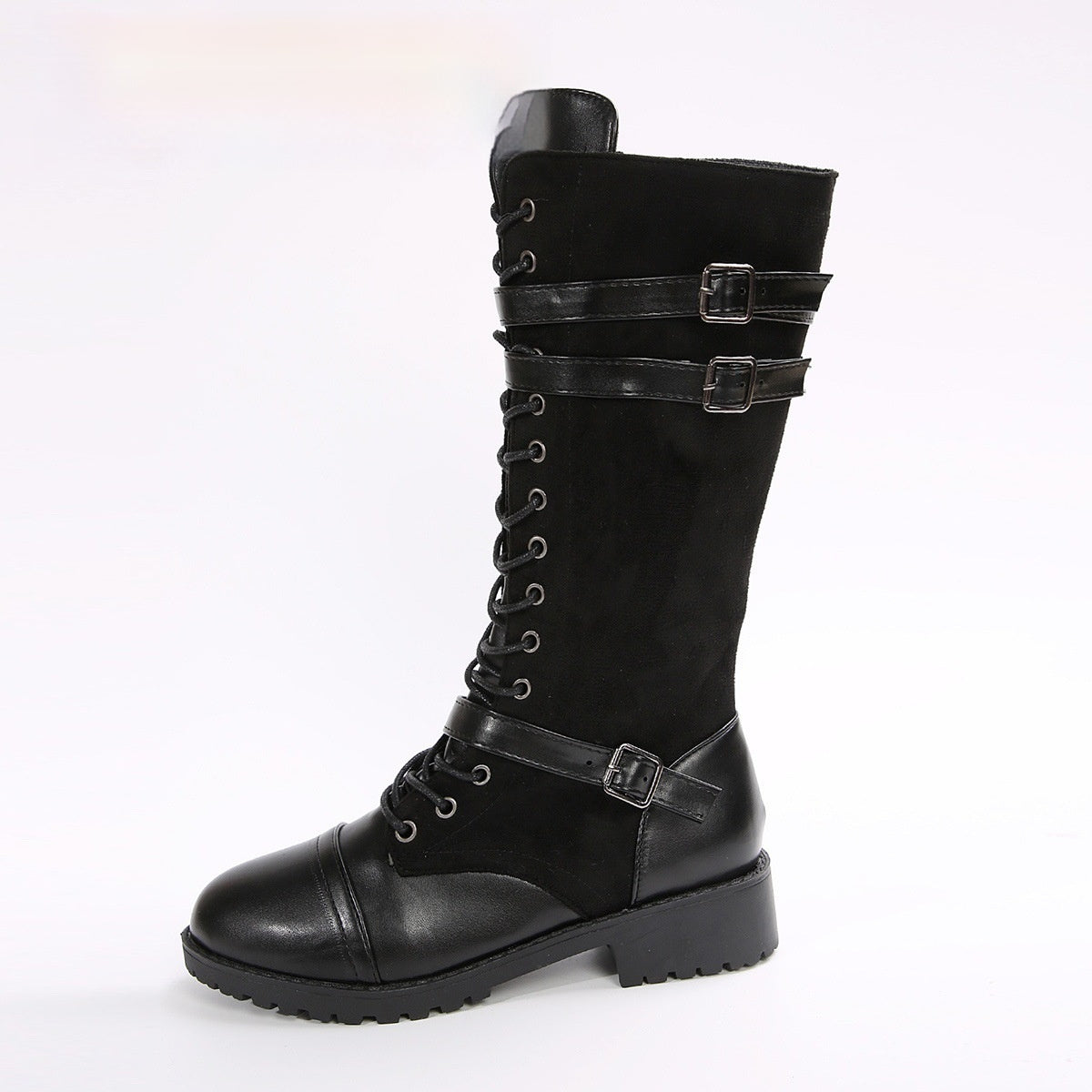 Round Toe Rivet Belt Buckle Square Heel Boots