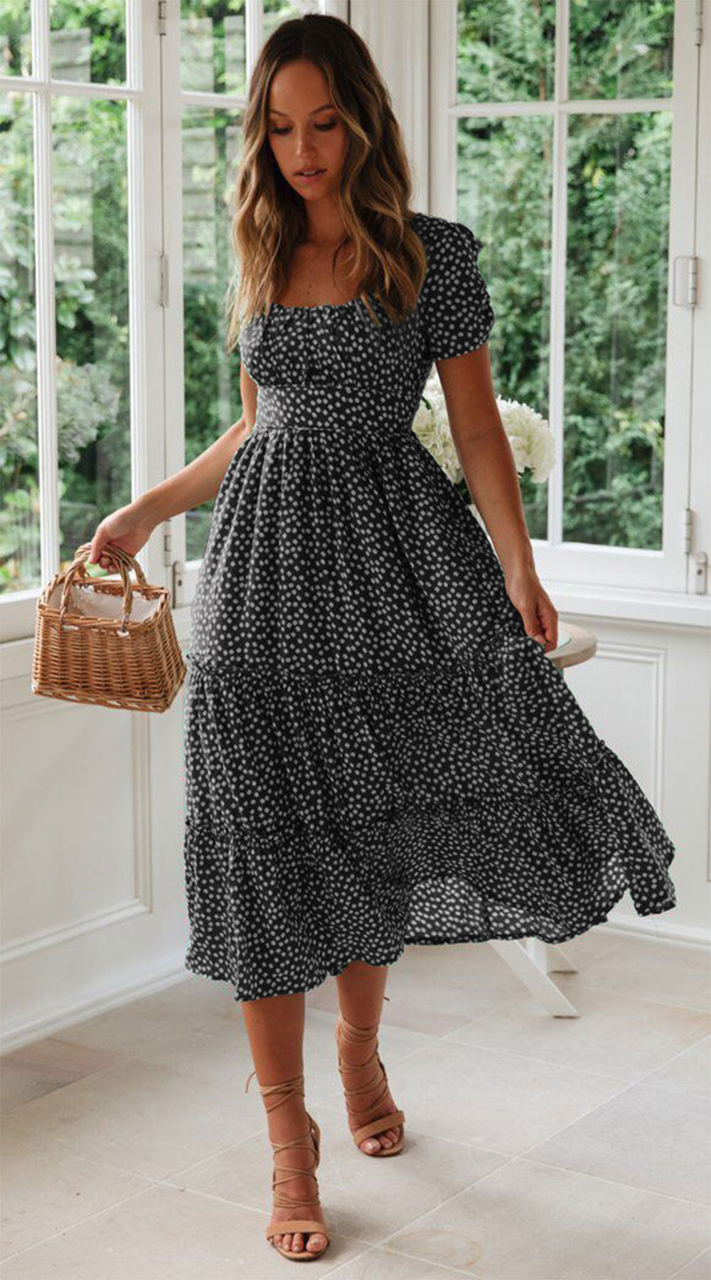 Square Collar Short Sleeve Dress Puff Floral Printed Dress Long Dresses