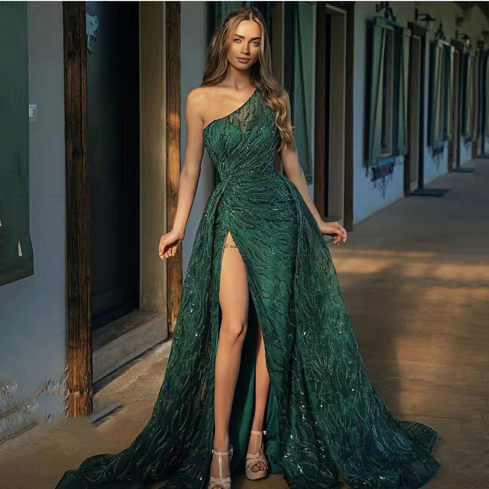 Diagonal Shoulder Split Long Skirt Cocktail Dress