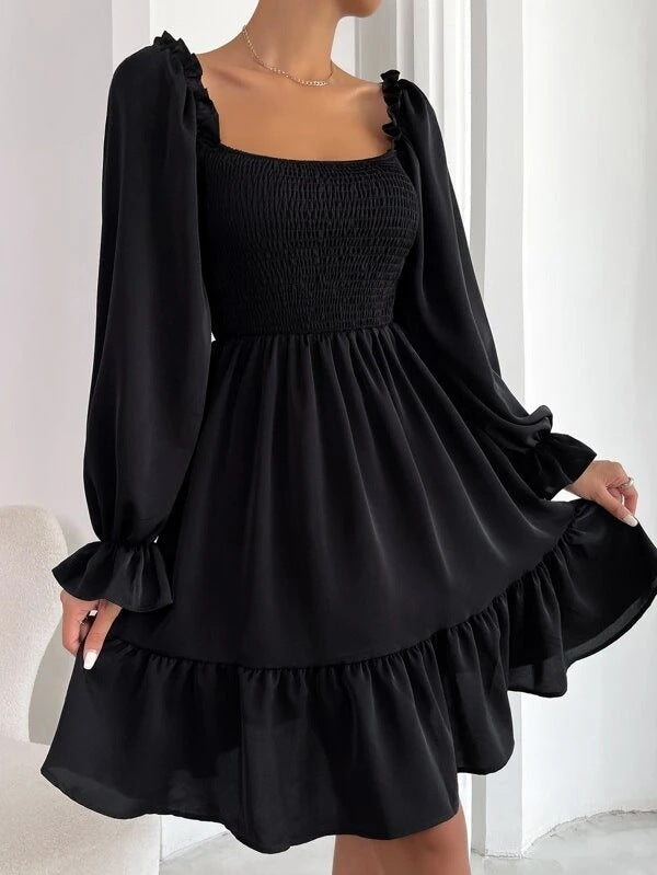 Flared Long Sleeve Dresses Square Neck Ruffled Swing Dress