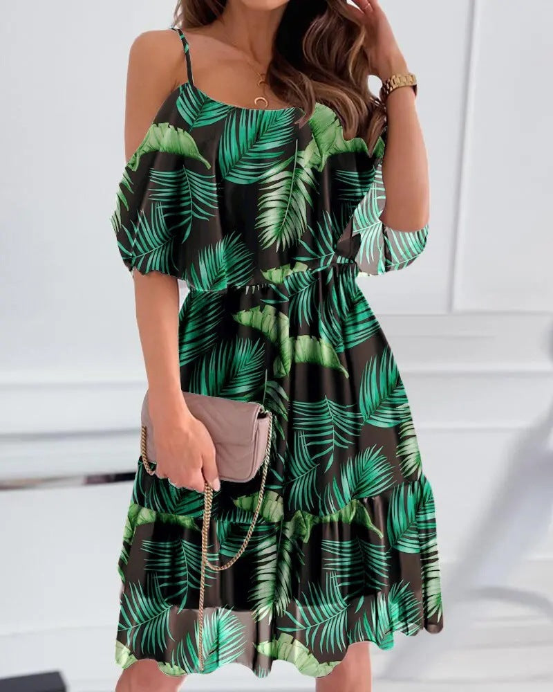 Flower Printed Ruffled Suspender Dress â€?Off-the-Shoulder Strap Dress