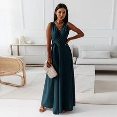 V-neck Sleeveless Dress With Belt Party Club Evening Maxi Dresses For Clothing
