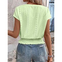 Eyelet Top Casual V Neck Short Sleeve Smocked Shirts Loose Tunic Tops Blouses