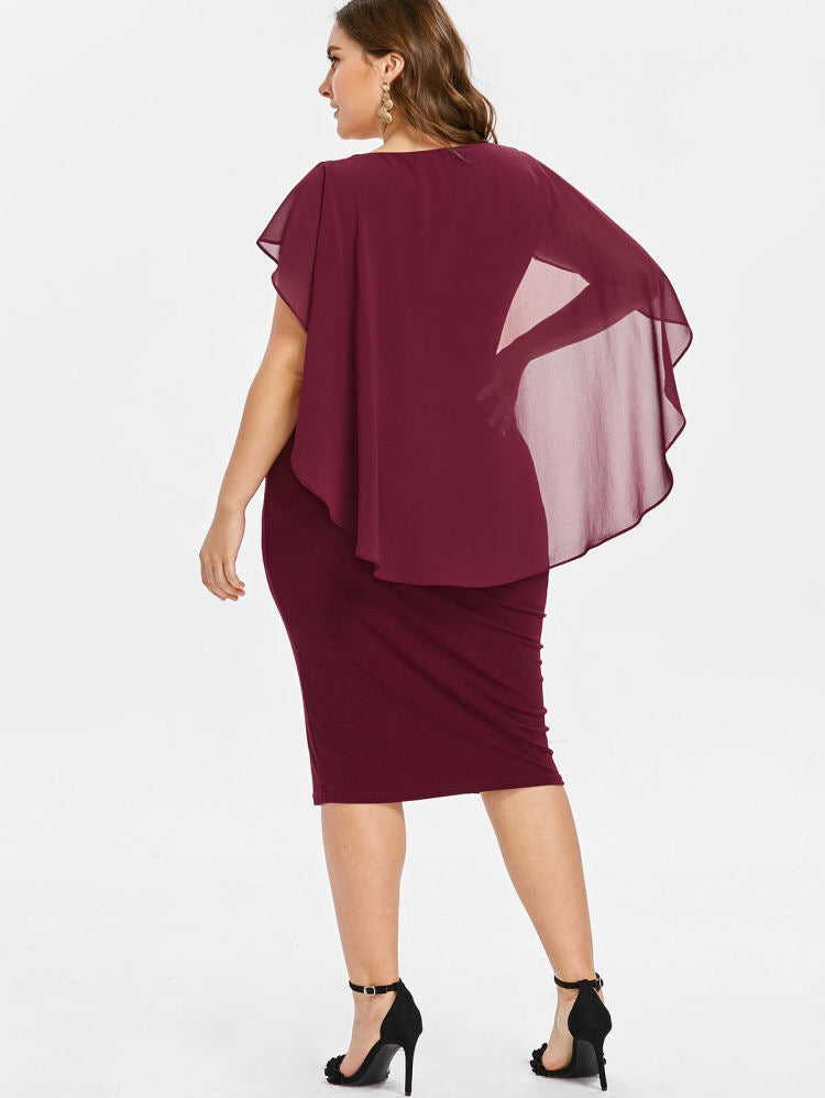 Round Neck Short Sleeve Chiffon Shawl Tight-Fitting Plus Size Dress Women