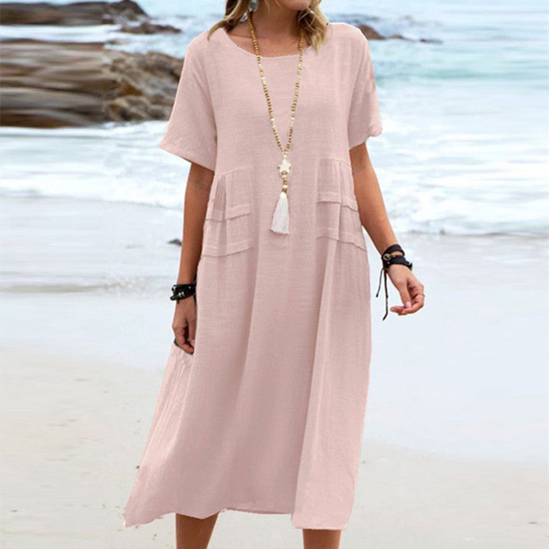 Cotton Linen Midi Dress â€?Loose Fit, Breathable, Casual Beach Style