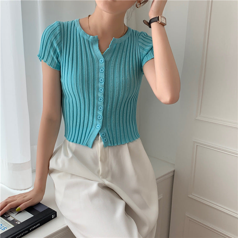Style High Waist Cropped Short Slim Top Short Sleeve Knitted Cardigan