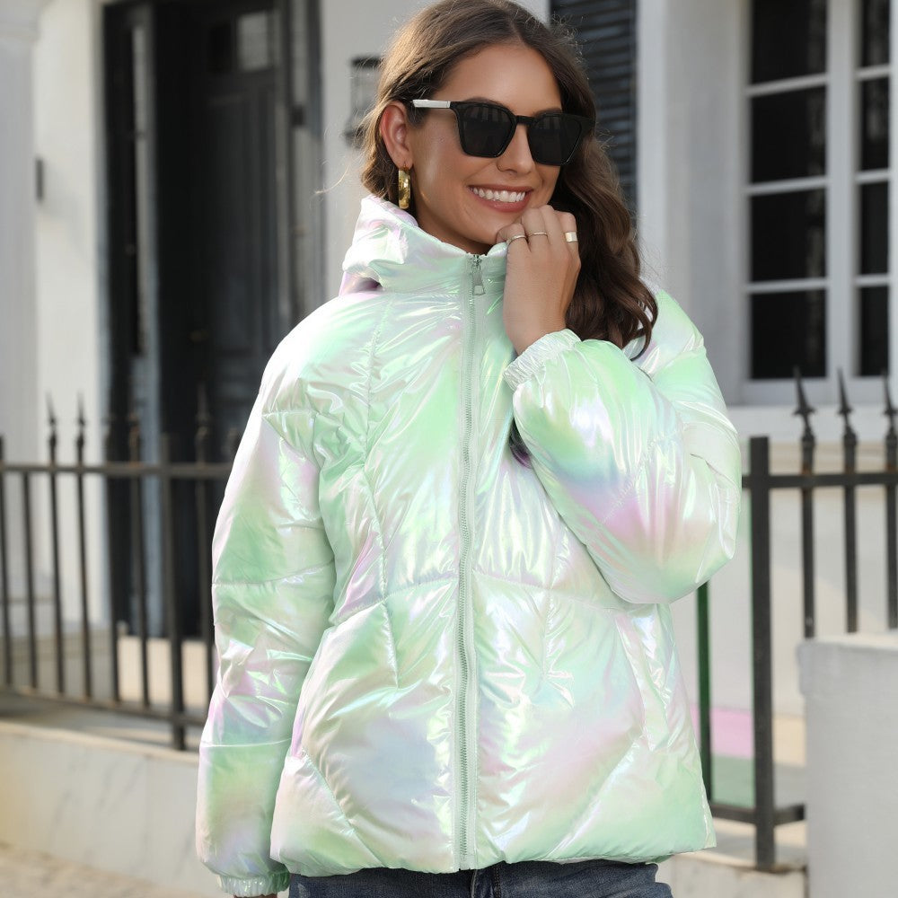 Shiny Surface Cotton Cloth Hooded Puffer Jacket Coat