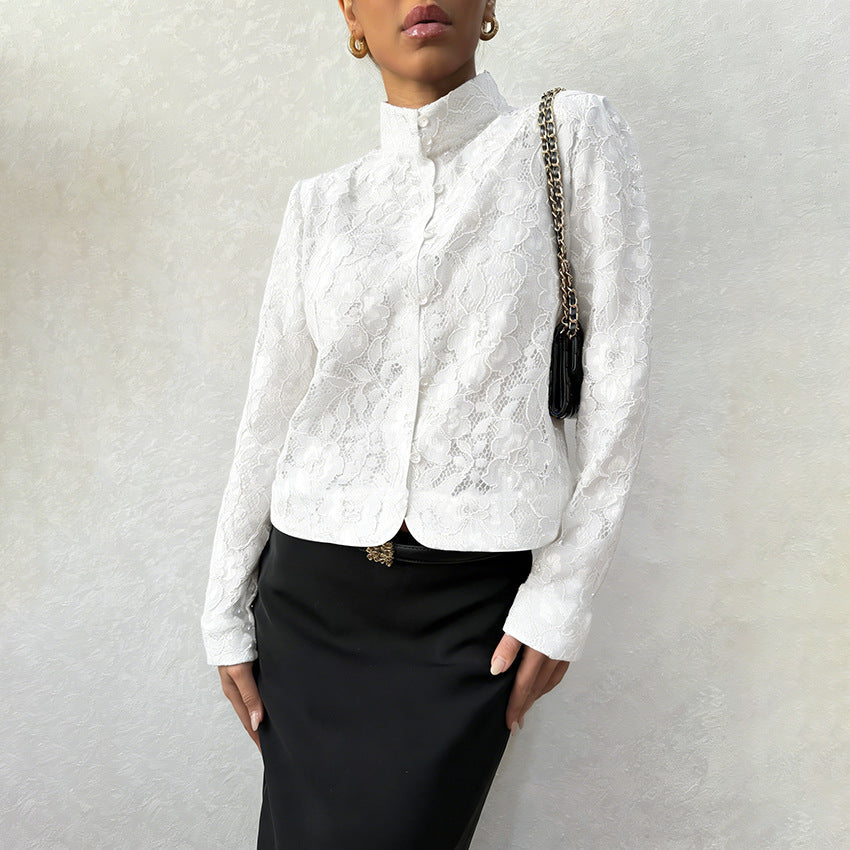 Lace Blouse For Cardigan-style Top With A Stand-up Collar