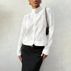 Lace Blouse For Cardigan-style Top With A Stand-up Collar