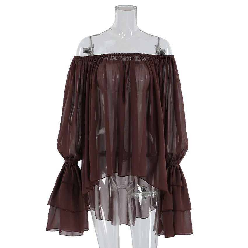 Dark Brown Off-shoulder Ruffle Top Thin Long Sleeve Chiffon Shirt