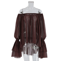 Dark Brown Off-shoulder Ruffle Top Thin Long Sleeve Chiffon Shirt