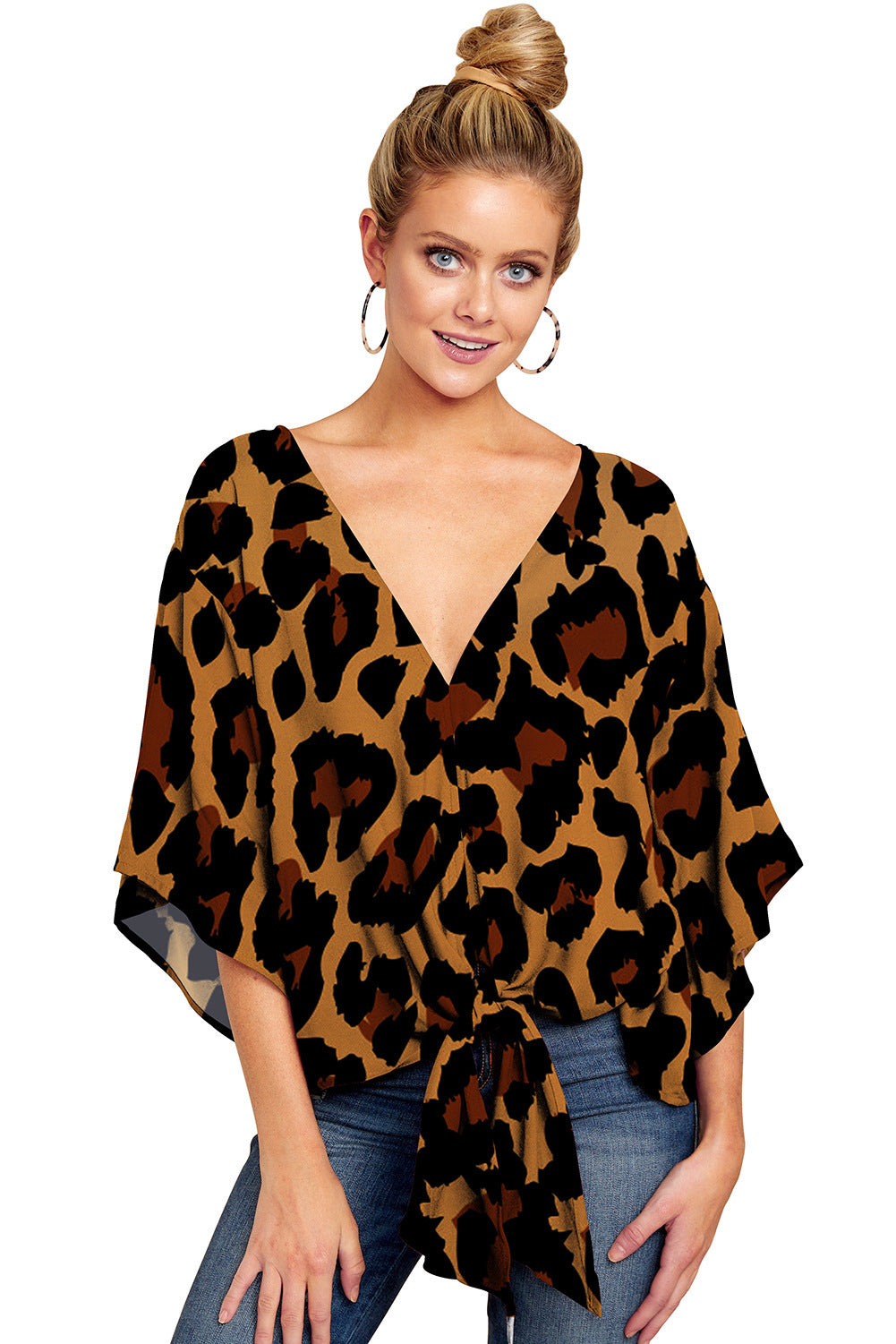V Neck Blouse Leopard Print Shirts Floral Tie Front Blouses Batwing Oversize Ladies Tops