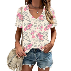 T-shirt, Natural Plant And Floral Print, Casual V-neck Short Sleeves