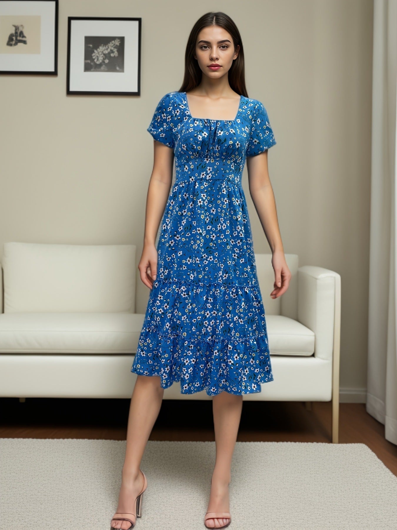 Square Collar Short Sleeve Dress Puff Floral Printed Dress Long Dresses