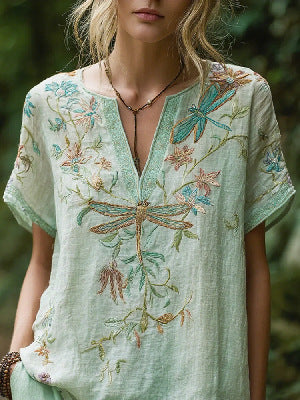 Spring Carnival Trendy Printed Womens V-Neck Short-Sleeve Top