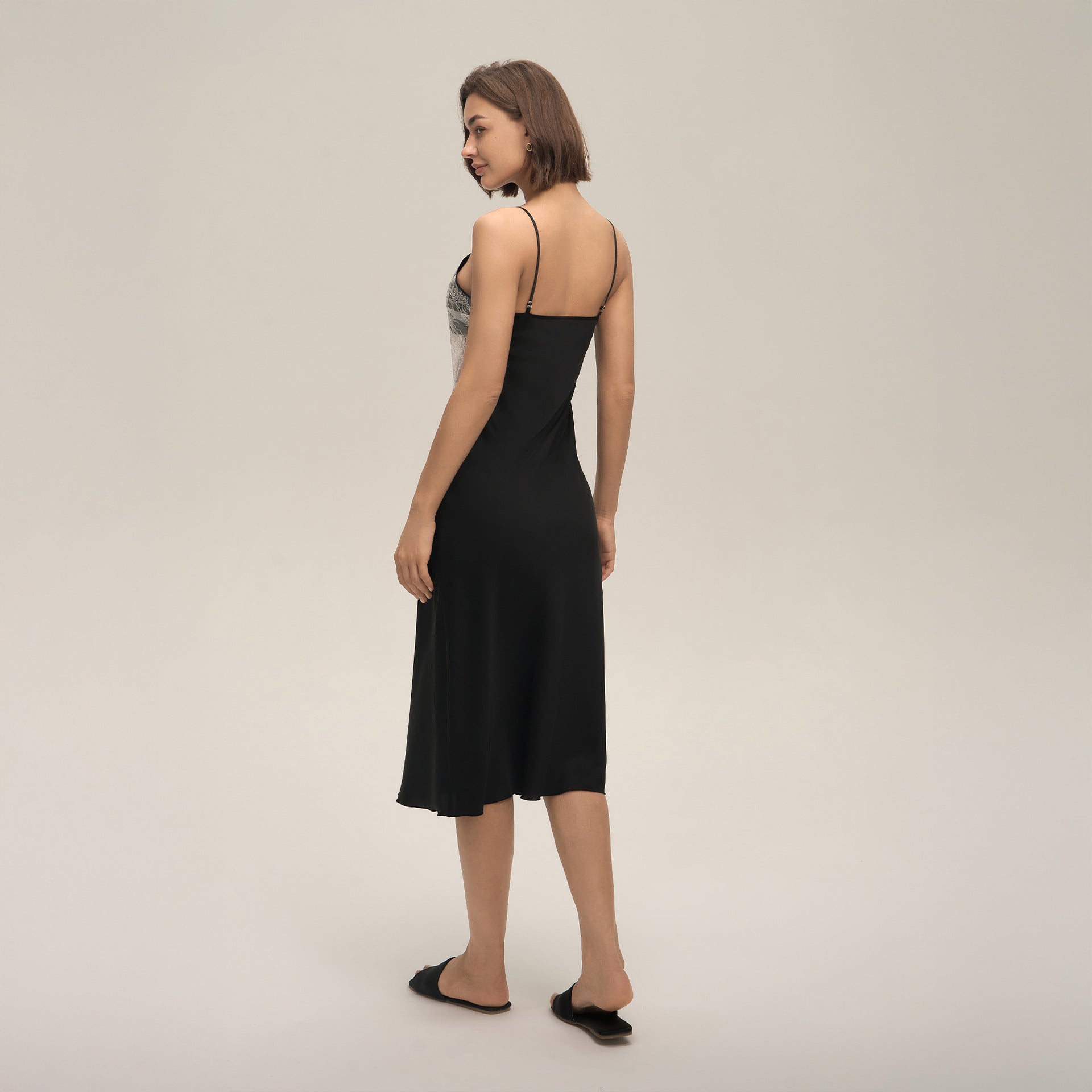 Satin-chiffon Lace Patchwork Slip Dress With A Backless Designperfect As Loungewear