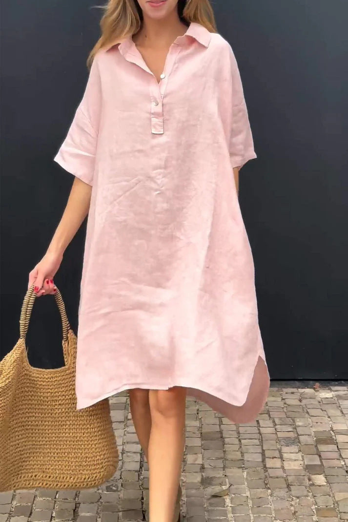 Solid-color Casual Cotton-linen Long Dress With A Turn-down Collar And Buttons