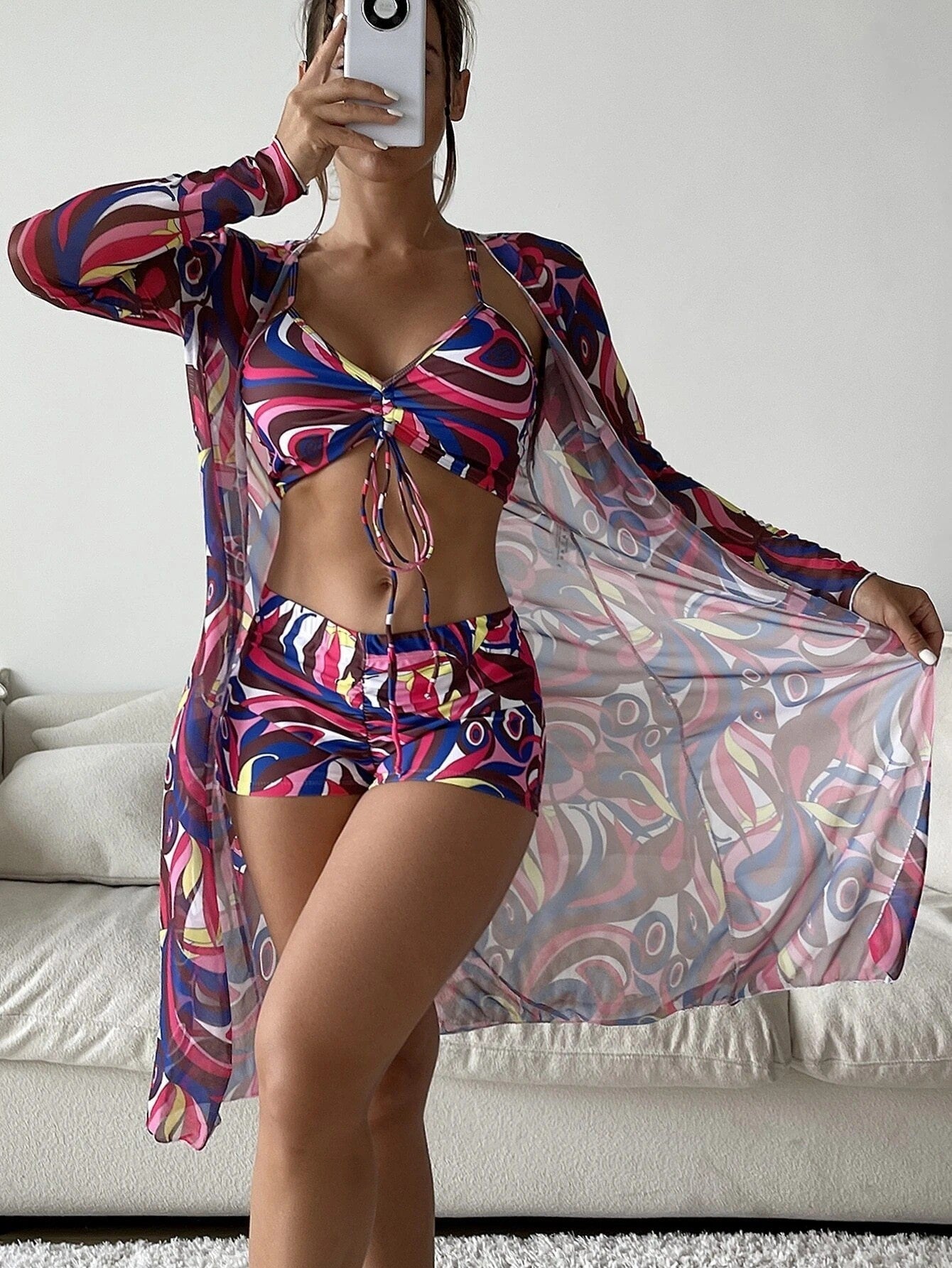 3pcs Pring Bikini With Long Sleeve Cardigan Beach Swimsuit Women