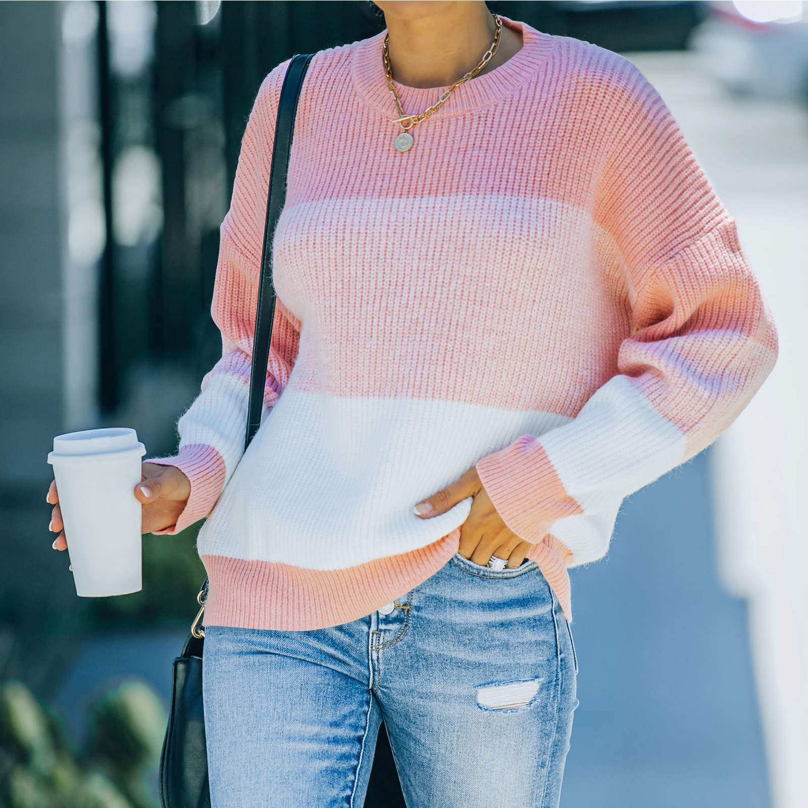 Knitted Stitching Loose Contrast Sweater