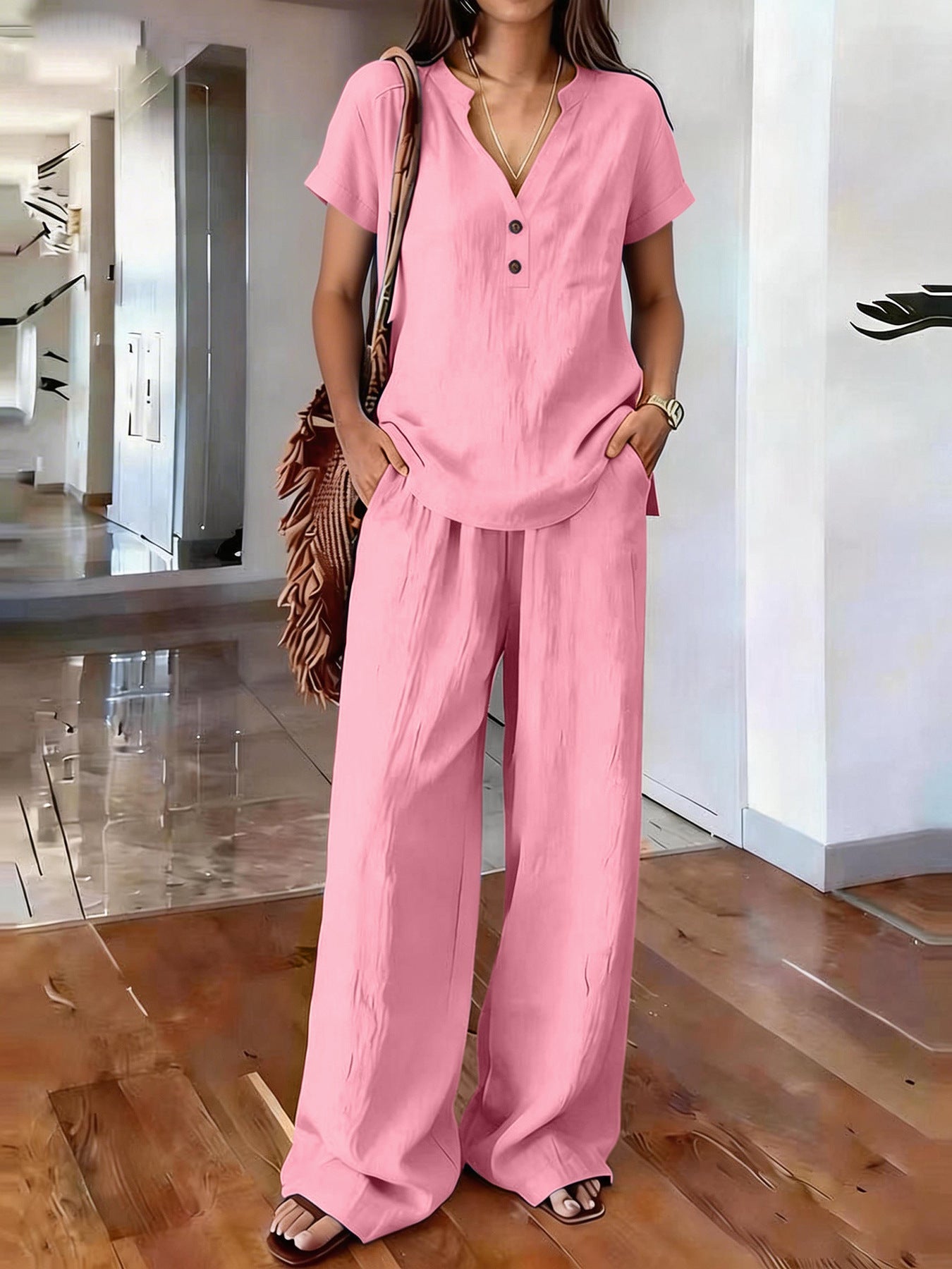 Casual Solid-Colored Cotton And Linen Set