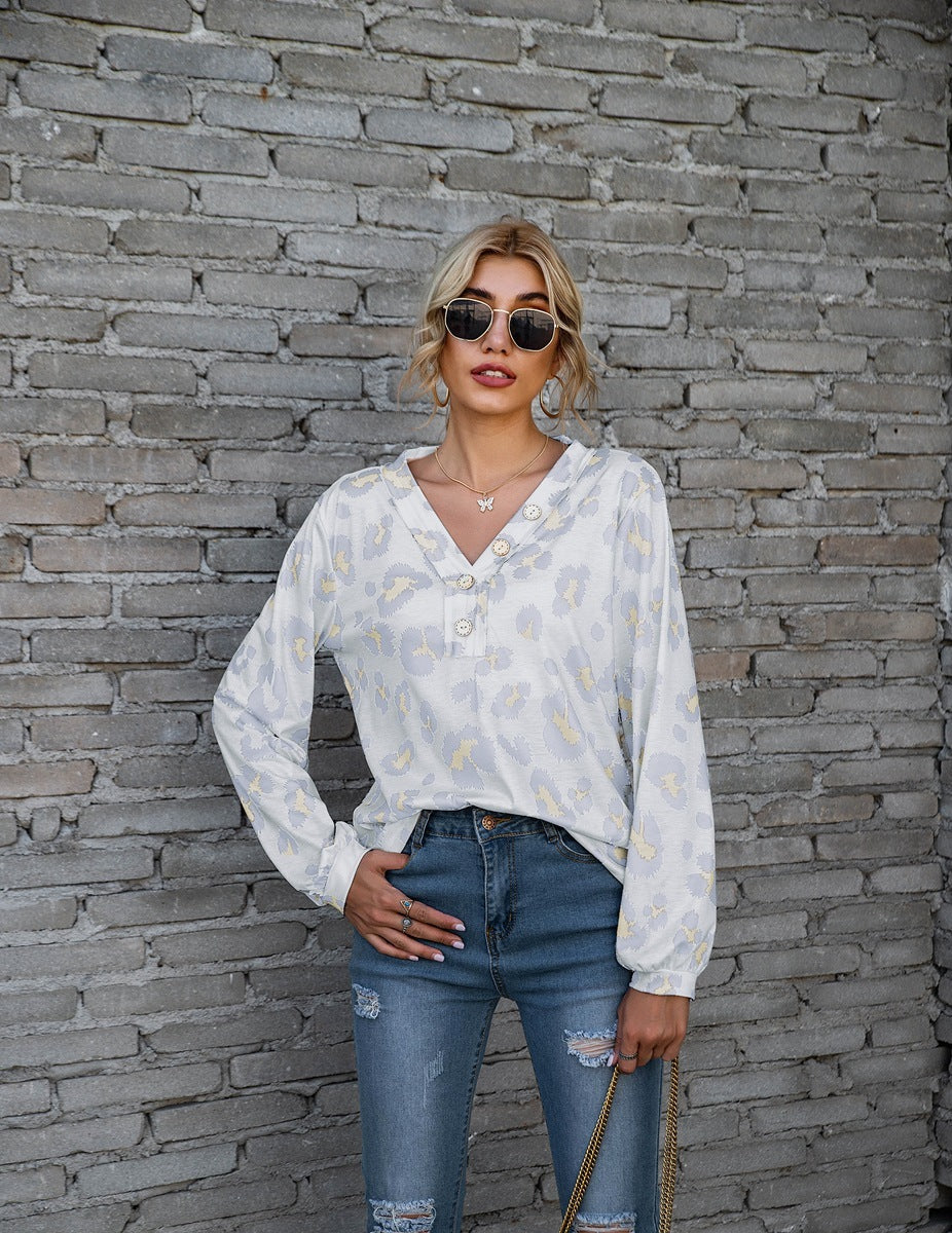 Leopard Print V-neck T-shirt Loose Long Sleeve Tops For Clothing