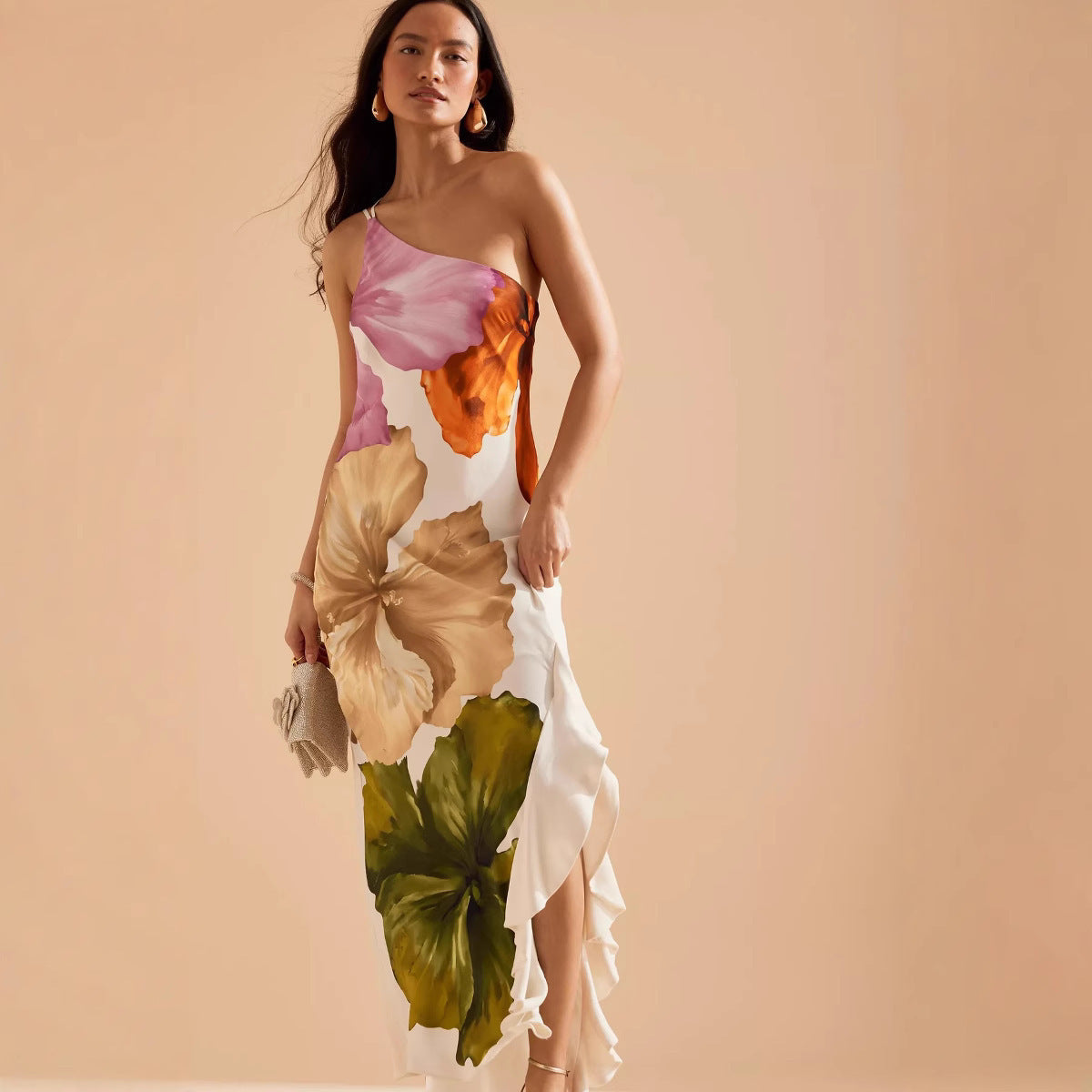 Spring And Oblique Shoulder Positioning Printing Female Dress
