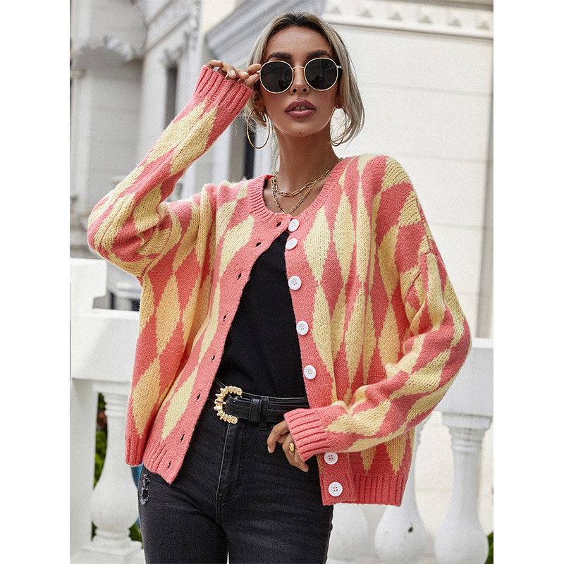 Sweater Single-breasted Printed Round Neck Knitted Cardigan Jacket