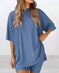 Summer Casual Two-Piece Lounge Set Oversized Split Hem Shirt