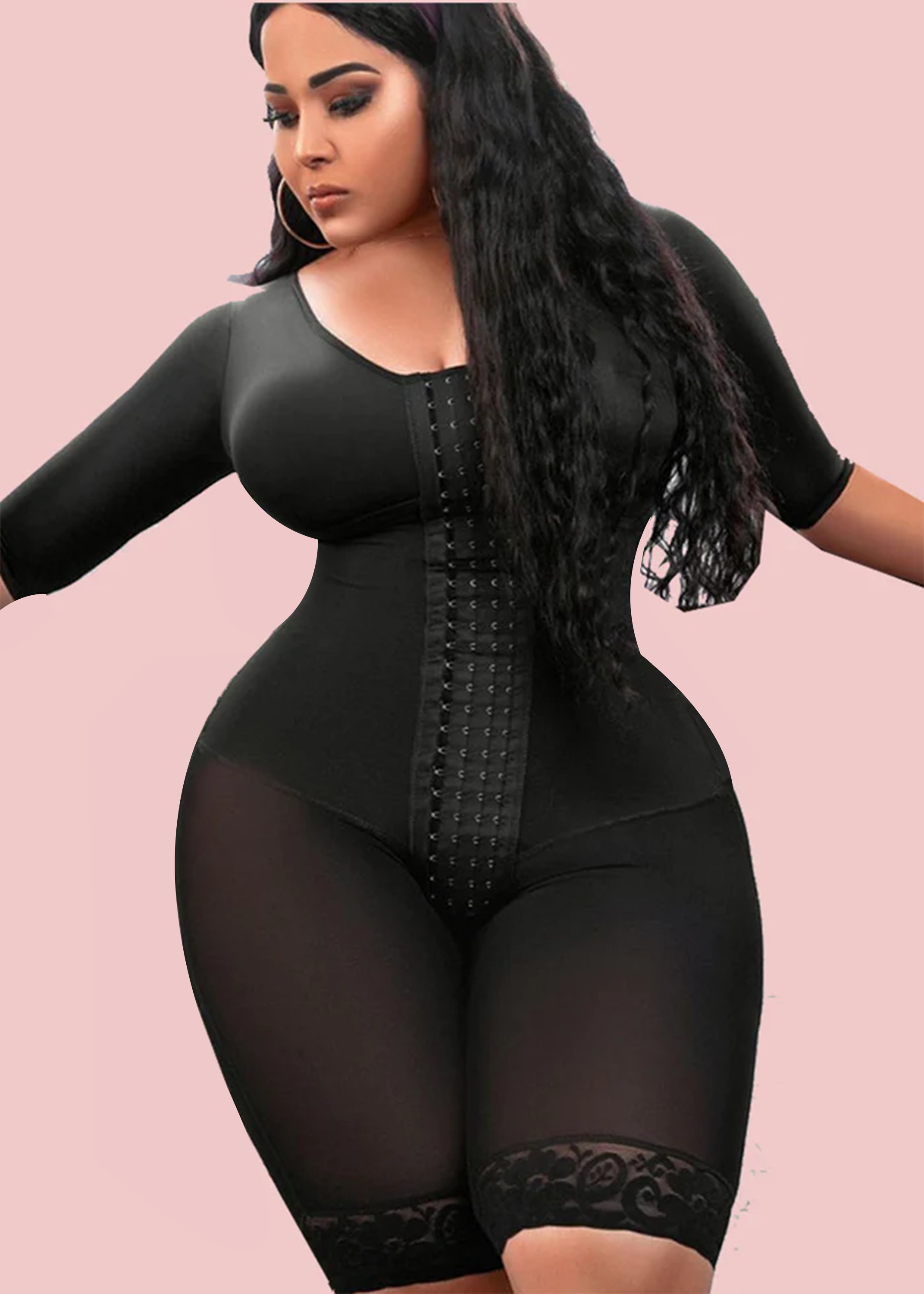 Full Body Support Arm Compression With Built In Bra Half Sleeve Mid Leg Bodysuit