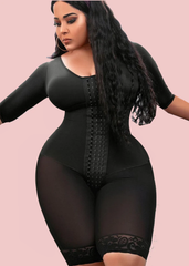 Full Body Support Arm Compression With Built In Bra Half Sleeve Mid Leg Bodysuit