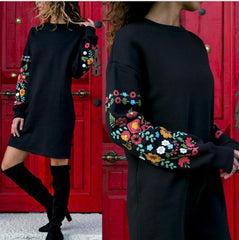 Long Sleeve Embroidered Floral Dress â€?Casual Elegant Vest-Style Dress
