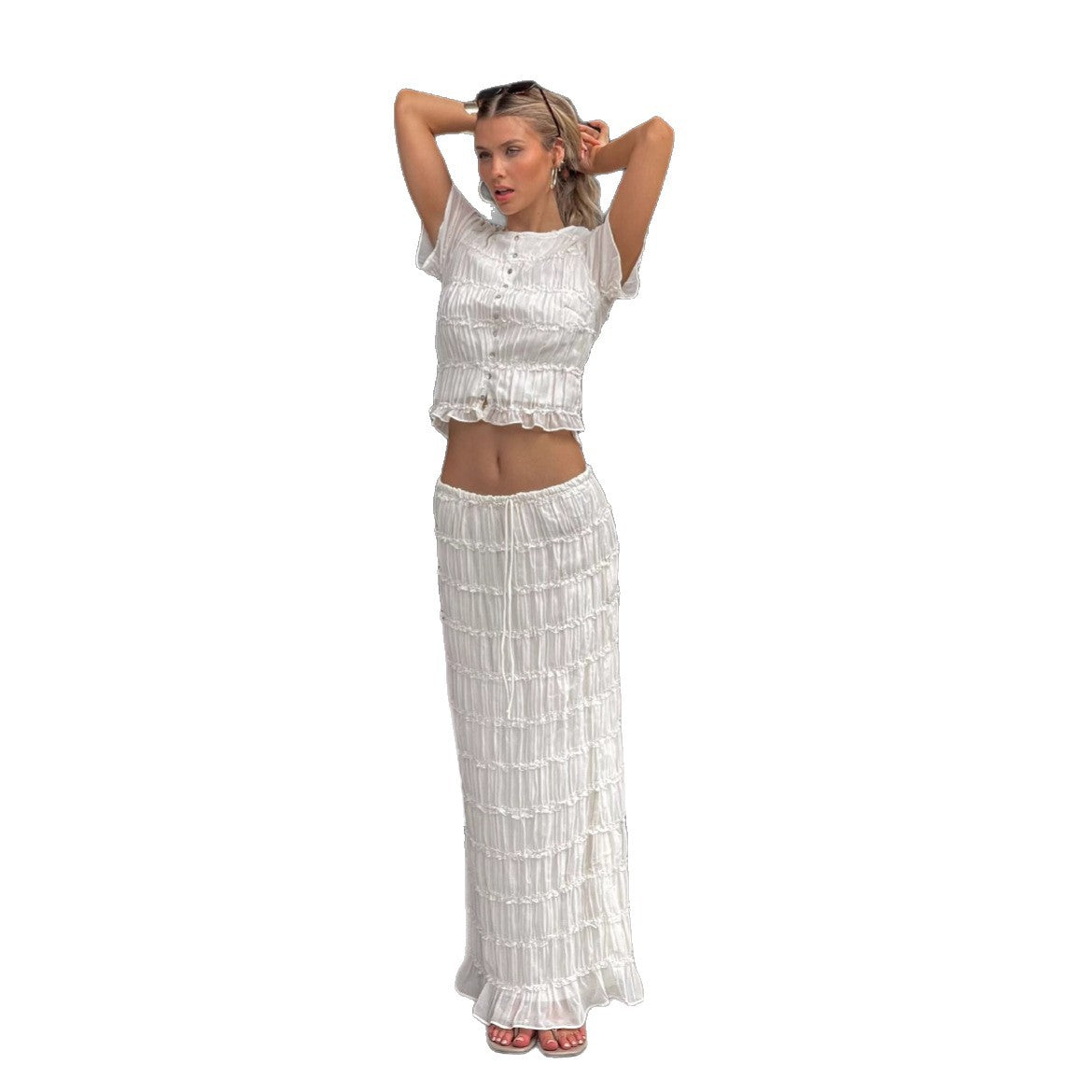 Ruffle-edged Chiffon Pleated Maxi Dress Two-piece Set