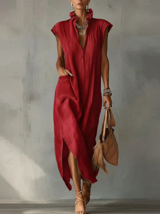 Cotton-Linen Sleeveless Solid-Color Dress